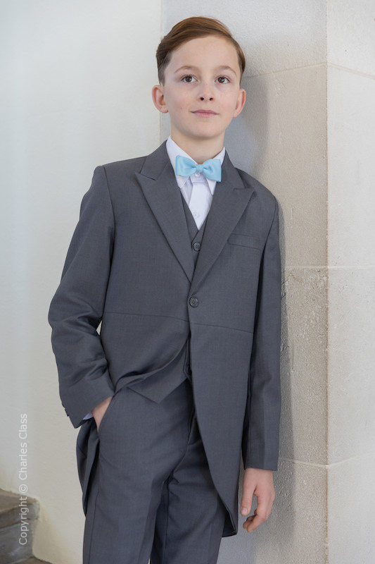 Boys Grey Tail Coat Suit with Sky Blue Bow Tie - Earl