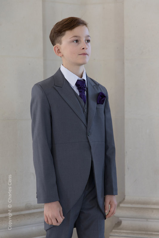 Boys Grey Tail Coat Suit with Purple Cravat Set - Earl