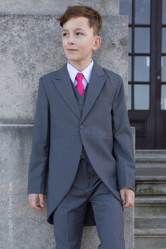 Boys Grey Tail Coat Suit with Hot Pink Tie - Earl