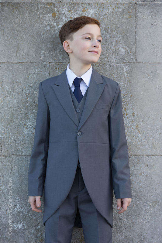 Boys Grey Tail Coat Suit with Navy Tie - Earl