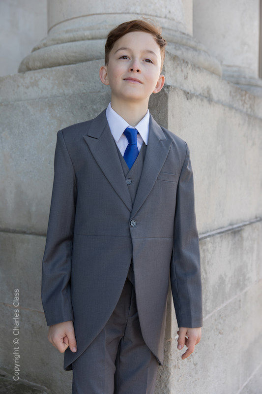Boys Grey Tail Coat Wedding Suit with Royal Blue Tie | Charles Class