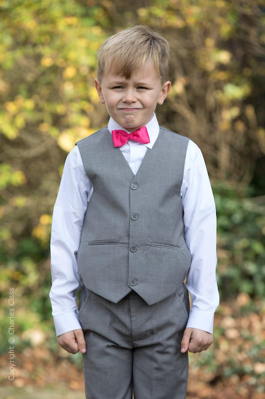 Boys Light Grey Trouser Suit with Hot Pink Dickie Bow - Thomas