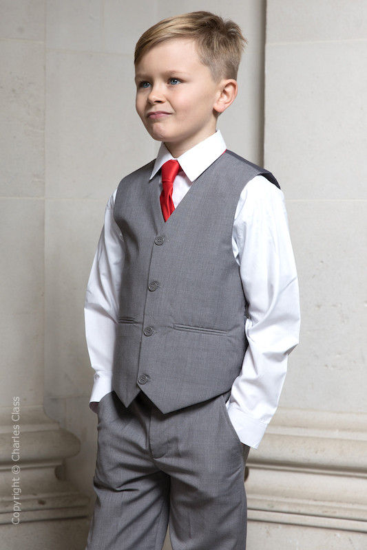 Boys Light Grey Trouser Suit with Red Tie - Thomas