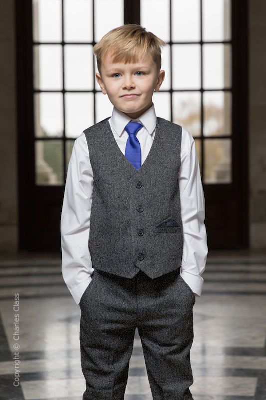 Boys Grey Herringbone Tweed Waistcoat Suit - Cooper