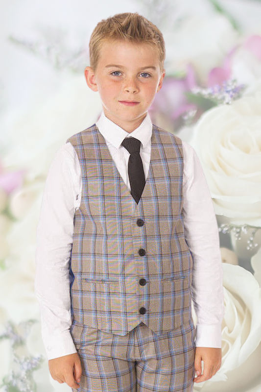 Boys Light Grey Check Waistcoat Suit - Hayden