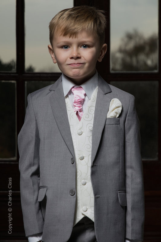 Boys Light Grey & Ivory Suit with Baby Pink Cravat - Tobias