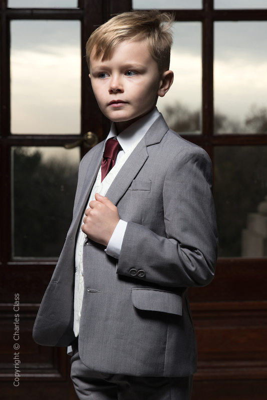 Boys Light Grey & Ivory Suit with Burgundy Tie - Tobias