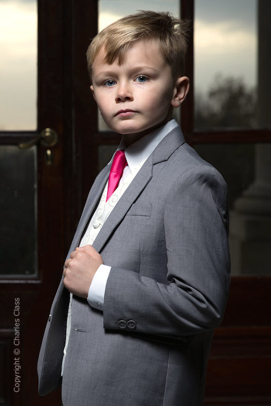 Boys Light Grey & Ivory Suit with Hot Pink Tie - Tobias