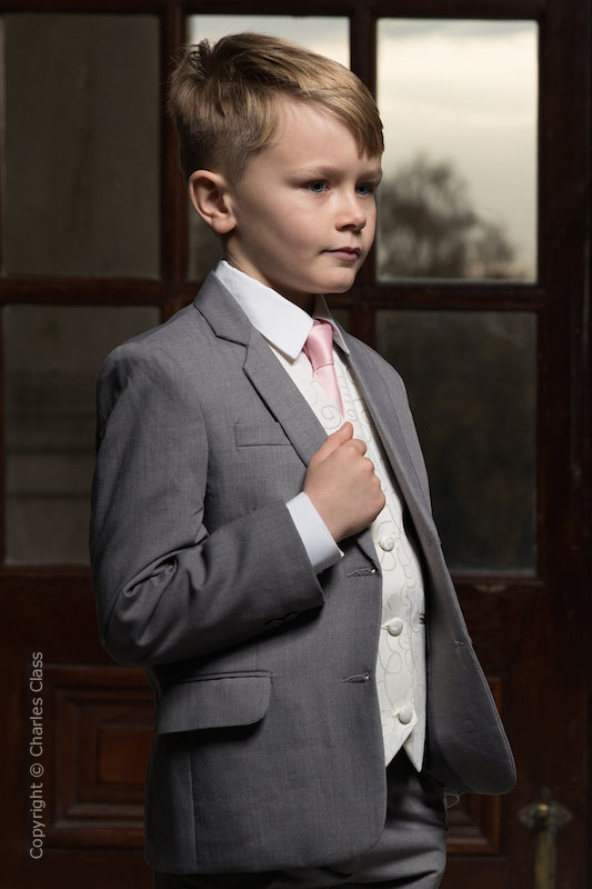 Boys Light Grey & Ivory Suit with Pale Pink Tie - Tobias