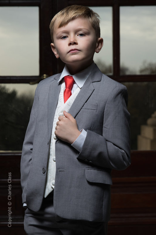 Boys Light Grey Ivory Scroll Suit | Boys Wedding Suit & Red Tie