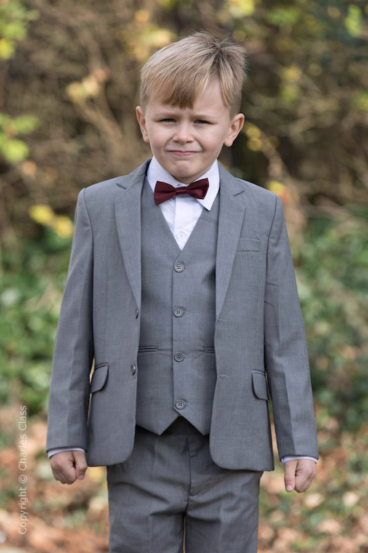 Boys Light Grey Jacket Suit with Burgundy Dickie Bow - Perry