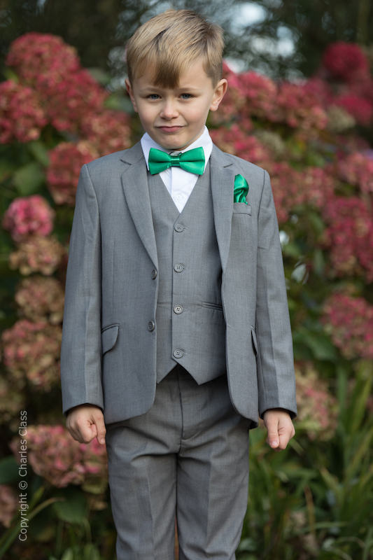 Boys Light Grey Suit with Emerald Bow & Hankie - Perry