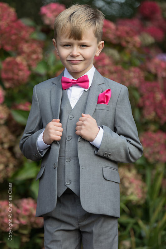 Boys Light Grey Wedding Suit Boys Suit with Hot Pink Bow Tie Set