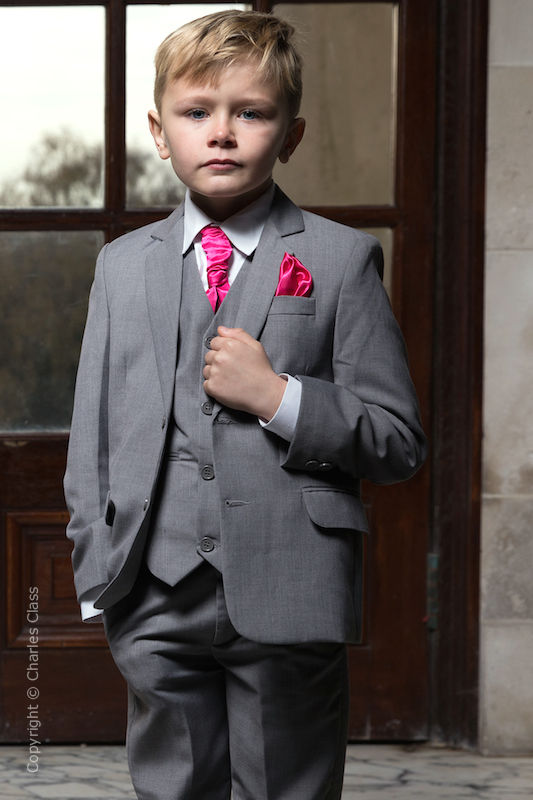 Boys Light Grey Jacket Suit with Hot Pink Cravat Set - Perry