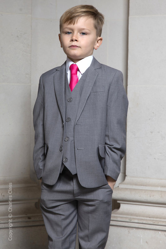Boys Light Grey Jacket Suit with Hot Pink Tie - Perry
