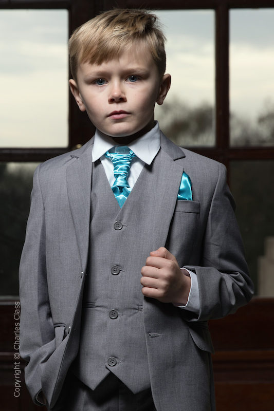 Boys Light Grey Jacket Suit with Turquoise Cravat Set - Perry