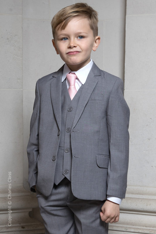 Boys Light Grey Jacket Suit with Pale Pink Tie - Perry