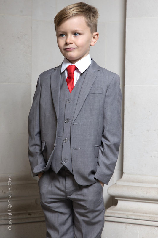 Boys Light Grey Wedding Suit with Red Satin Tie Charles Class