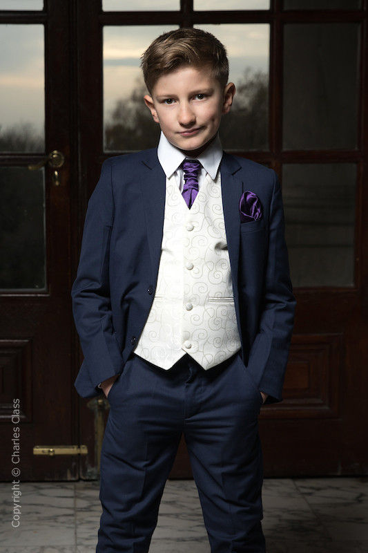 Boys Navy & Ivory Suit with Purple Cravat Set - Jaspar