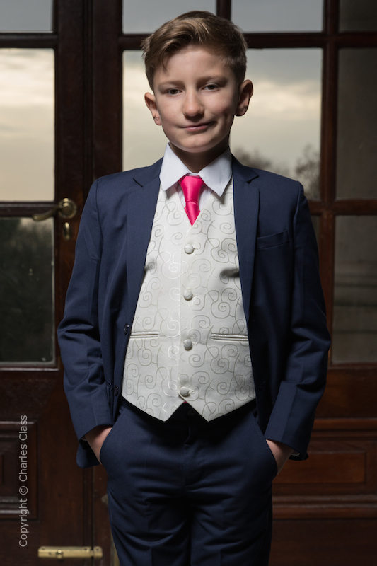 Boys Navy & Ivory Suit with Hot Pink Tie - Jaspar
