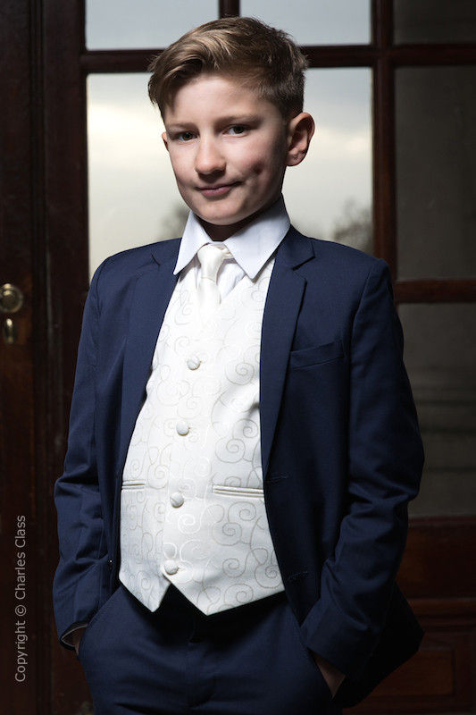 Boys Navy Ivory Wedding Suit with Ivory Satin Tie Charles Class
