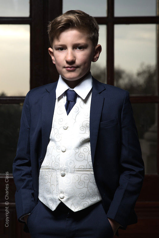 Boys Navy Ivory Wedding Suit with Navy Satin Tie Charles Class