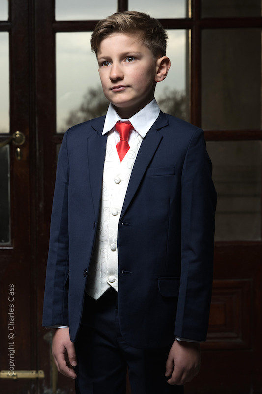 Boys Navy & Ivory Suit with Red Tie - Jaspar