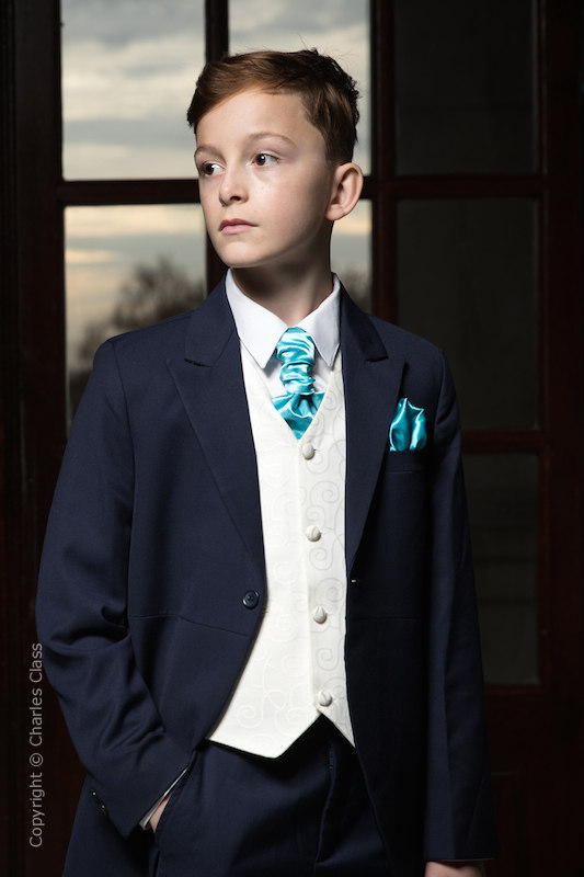 Boys Navy & Ivory Tail Suit with Turquoise Cravat Set - Darcy