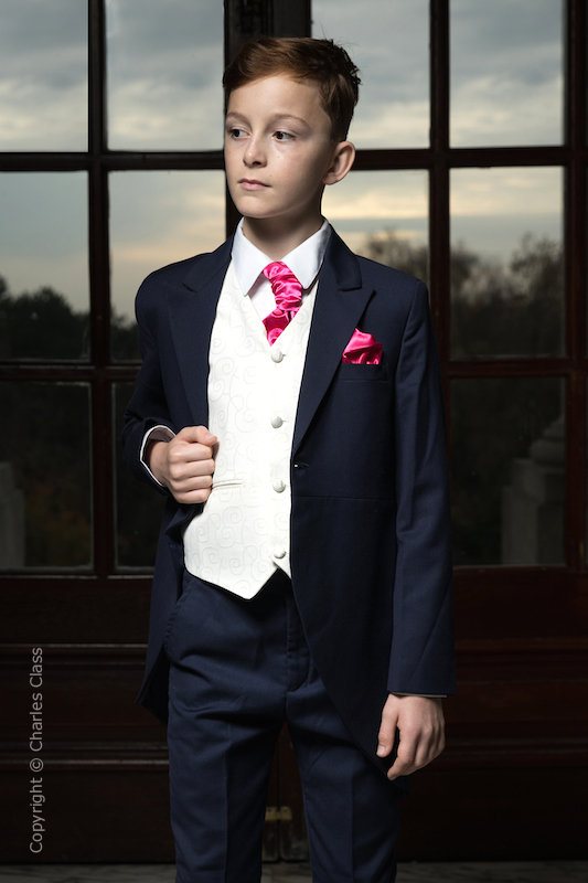 Boys Navy & Ivory Tail Suit with Hot Pink Cravat Set - Darcy