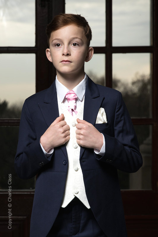 Boys Navy & Ivory Tail Suit with Pink Cravat - Darcy