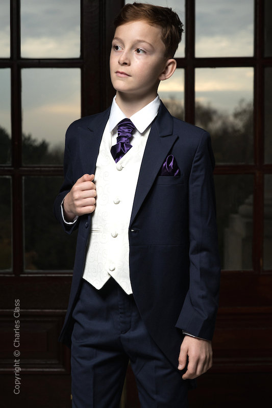 Boys Navy & Ivory Tail Suit with Purple Cravat Set - Darcy