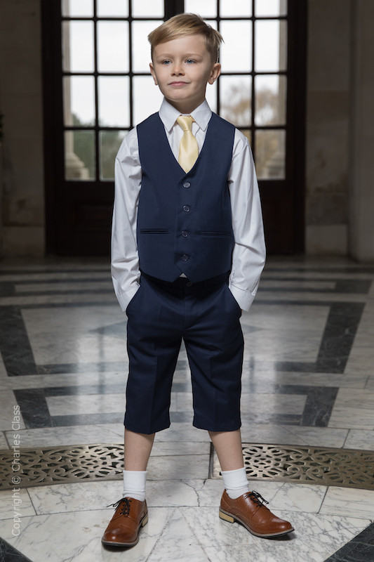 Boys Navy Shorts Suit with Gold Tie - Leo