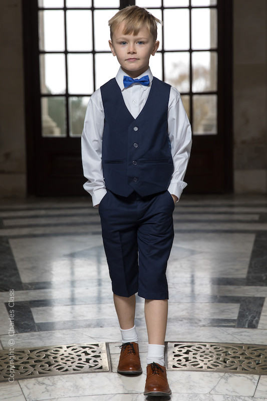 Boys Navy Shorts Suit with Royal Blue Dickie Bow - Leo