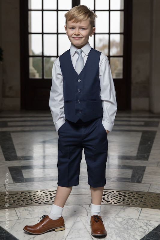 Boys Navy Shorts Suit with Silver Tie - Leo