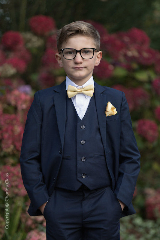 Boys Navy Wedding Suit with Gold Dickie Bow Set Boys Wedding Suit