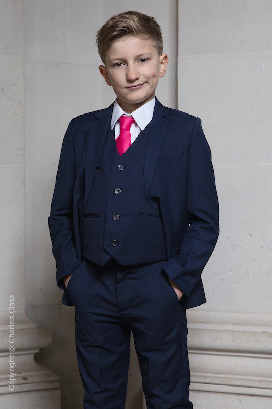 Boys Navy Wedding Suit with Hot Pink Satin Tie Charles Class
