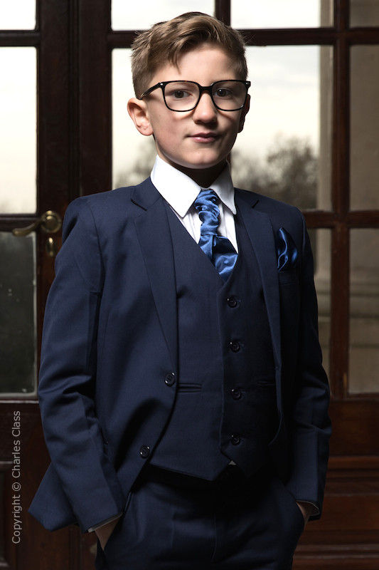Boys Navy Jacket Suit with Navy Satin Cravat Set Boys Wedding Suit