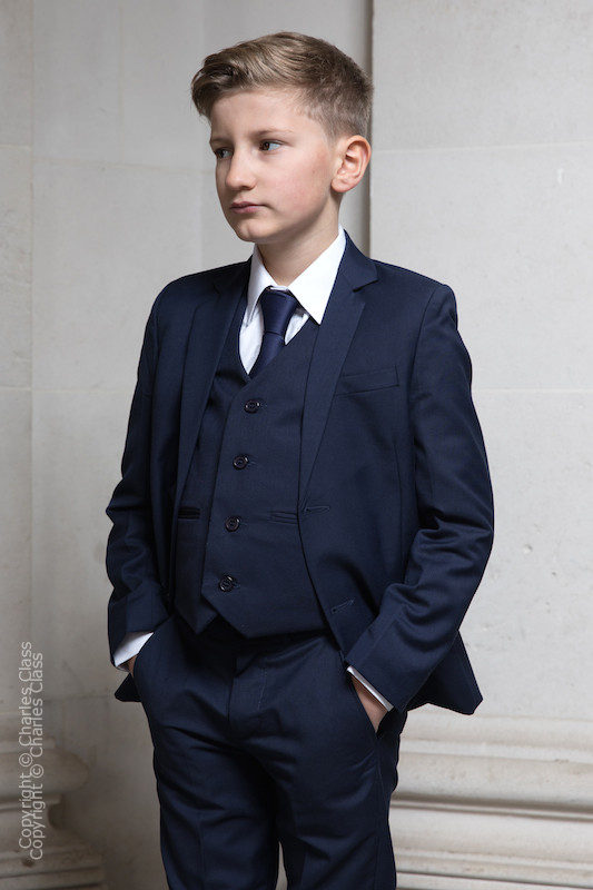 Boys Navy Jacket Wedding Suit with Navy Satin Tie Charles Class