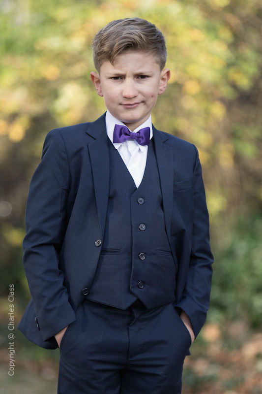 Boys Navy Wedding Suit with Purple Dickie Bow Tie Charles Class