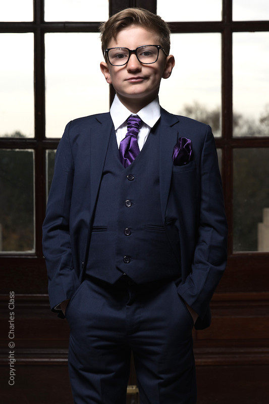 Boys Navy Suit with Purple Cravat Set - Stanley