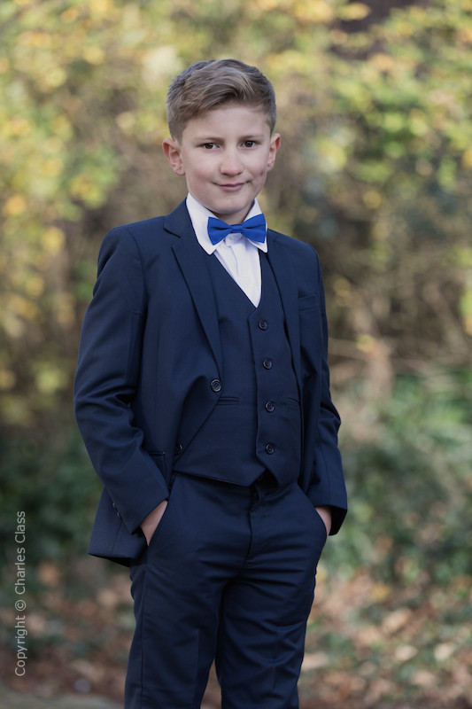 Boys Navy Wedding Suit with Royal Blue Dickie Bow Charles Class