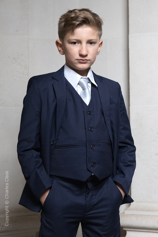 Boys Navy Jacket Wedding Suit with Silver Satin Tie Charles Class