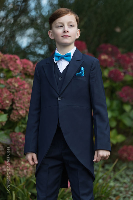 Boys Navy Tail Coat Suit with Peacock Dickie Bow Set - Edward