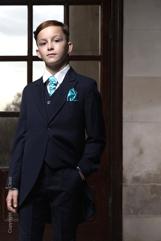 Boys Navy Tail Coat Suit with Turquoise Cravat Set - Edward