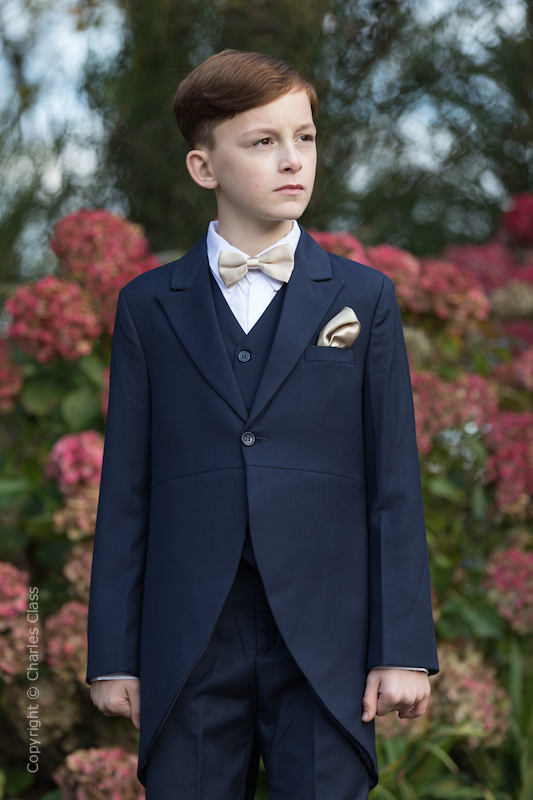 Boys Navy Tail Coat Suit with Champagne Bow Set | Charles Class