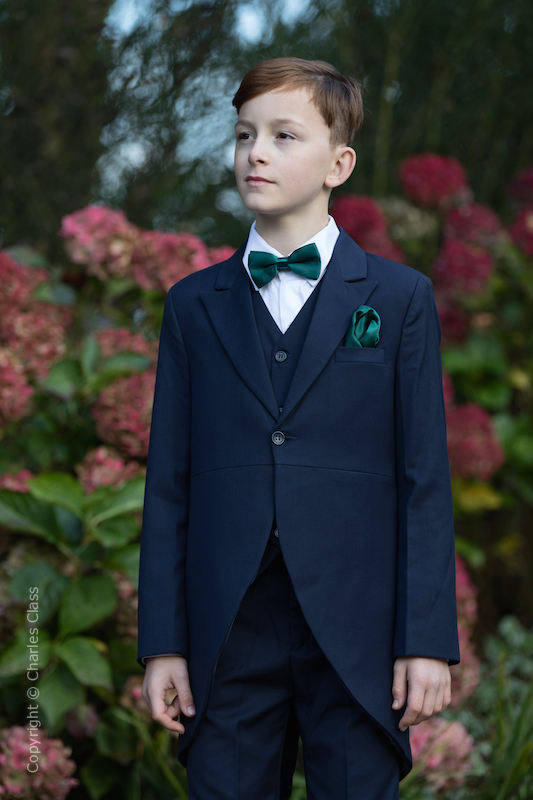 Boys Navy Tail Coat Suit with Forest Green Dickie Bow Set Charles Class