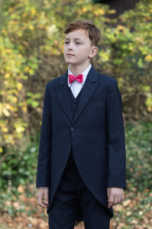 Boys Navy Tail Coat Suit with Hot Pink Bow Tie - Edward