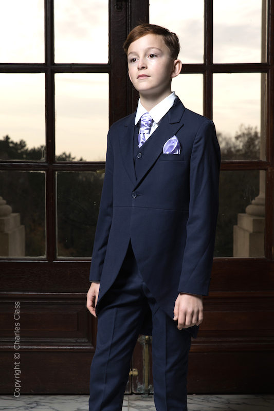 Boys Navy Tail Coat Suit with Lilac Cravat Set - Edward