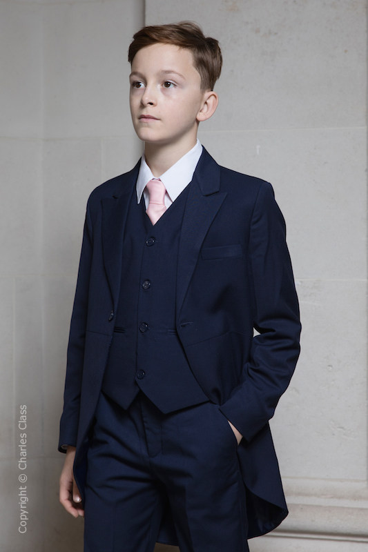 Boys Navy Tail Coat Suit with Pale Pink Tie - Edward