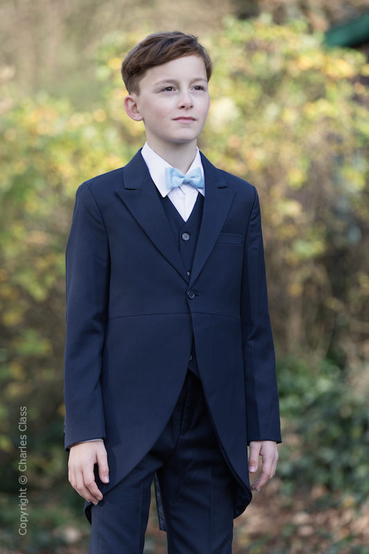Boys Navy Tail Coat Suit with Sky Blue Bow Tie | Charles Class